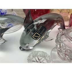 Pair of V Nason & Co murano glass dolphins together with to other glass figures and cranberry glass and lampshades  