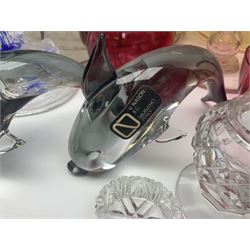 Pair of V Nason & Co murano glass dolphins together with to other glass figures and cranberry glass and lampshades  