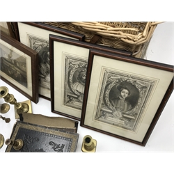  Three 18th century engravings of English Kings, 19th century map of Bedfordshire,  two Victorian Bibles, four pairs of brass candlesticks and a wooden printing block and a wicker laundry basket  