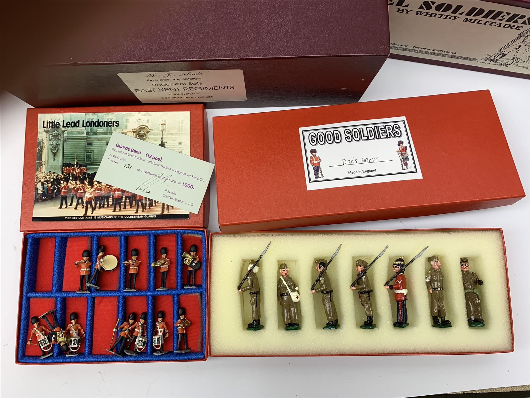 Various makers metal figures including M.J. Mode East Kent Regiment; Whitby Militaire Swiss Guards; HM Household Cavalry The Lifeguards Standard Bearer; Little Lead Londoners Coldstream Guards Band; Good Soldiers Dad's Army; and two Corgi Forward March figures; all mint and boxed; and a quantity of unboxed figures including Sherlock Holmes & Dr. Watson, Darth Vader etc