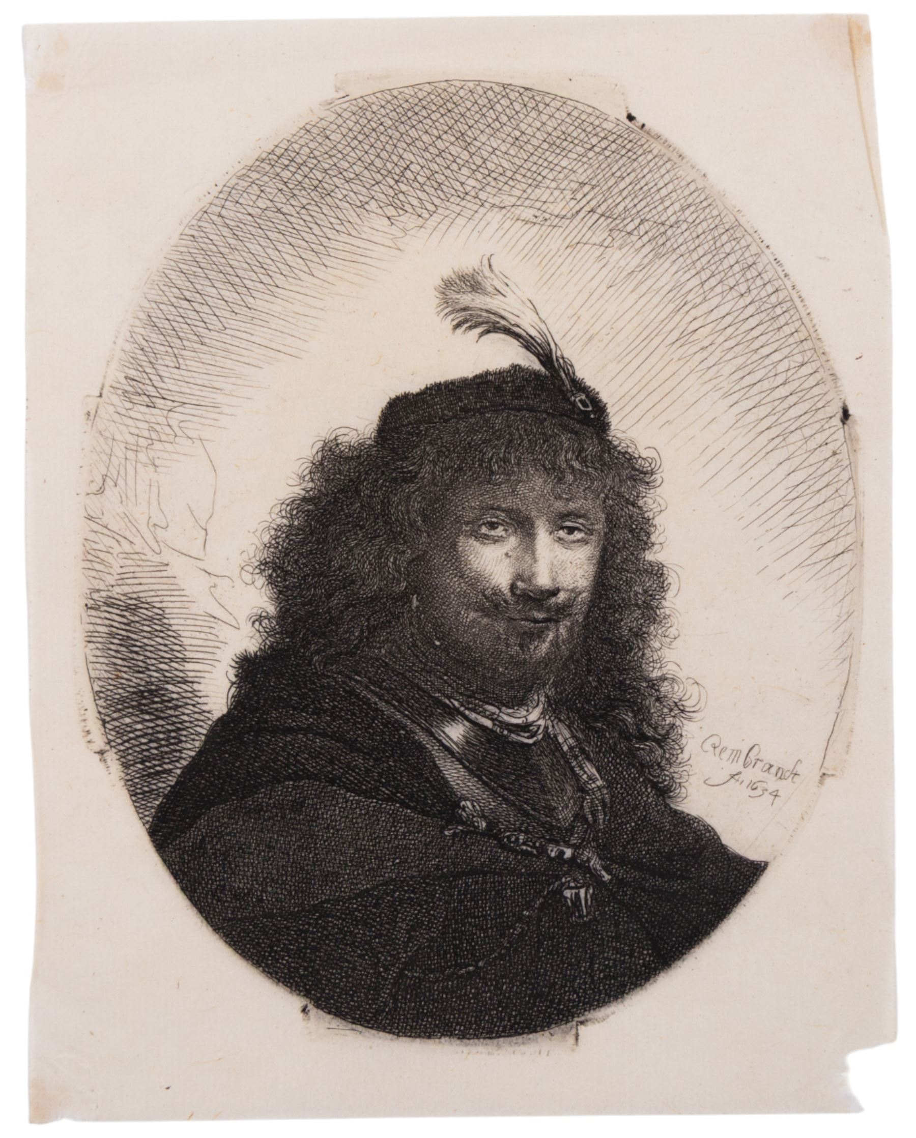 After Rembrandt van Rijn (Dutch 1606-1669): 'Self-Portrait (?) with Plumed Cap and Lowered Sabre', restrike etching 13cm x 10cm (unframed)