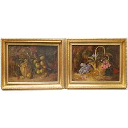 Attrib. Vincent Clare (British 1855-1930): Fruit and Flowers in Wicker Baskets, pair oils on canvas signed 34cm x 45cm (2)