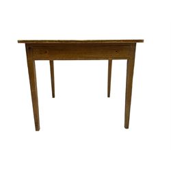 Pitch pine kitchen table, square top over single drawer (W91cm H76cm); Early 20th century oak square breakfast table, fitted with two drawers (W90cm H78cm)