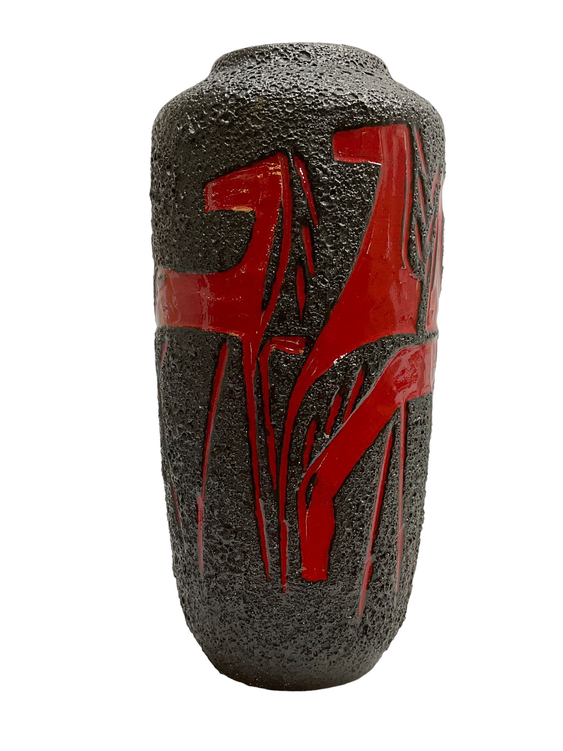  West German fat lava vase of shouldered form decorated with red horses on a pitted black lava ground, with impressed marks beneath, H45cm