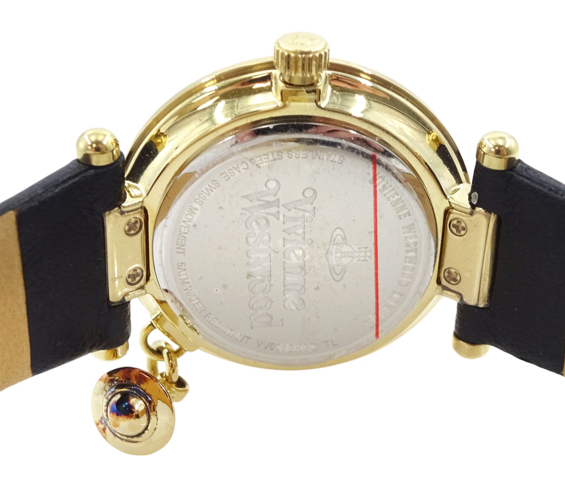 Vivienne Westwood Orb gold-plated quartz wristwatch, on original black leather strap, boxed