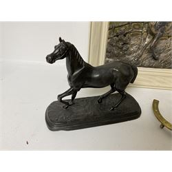 After George Bommer; early 20th century electrotype relief plaque of a horse, signed G.G. Bommer, in wood frame, together with metal horse figure and brass horseshoe ornament, picture W37cm incl frame