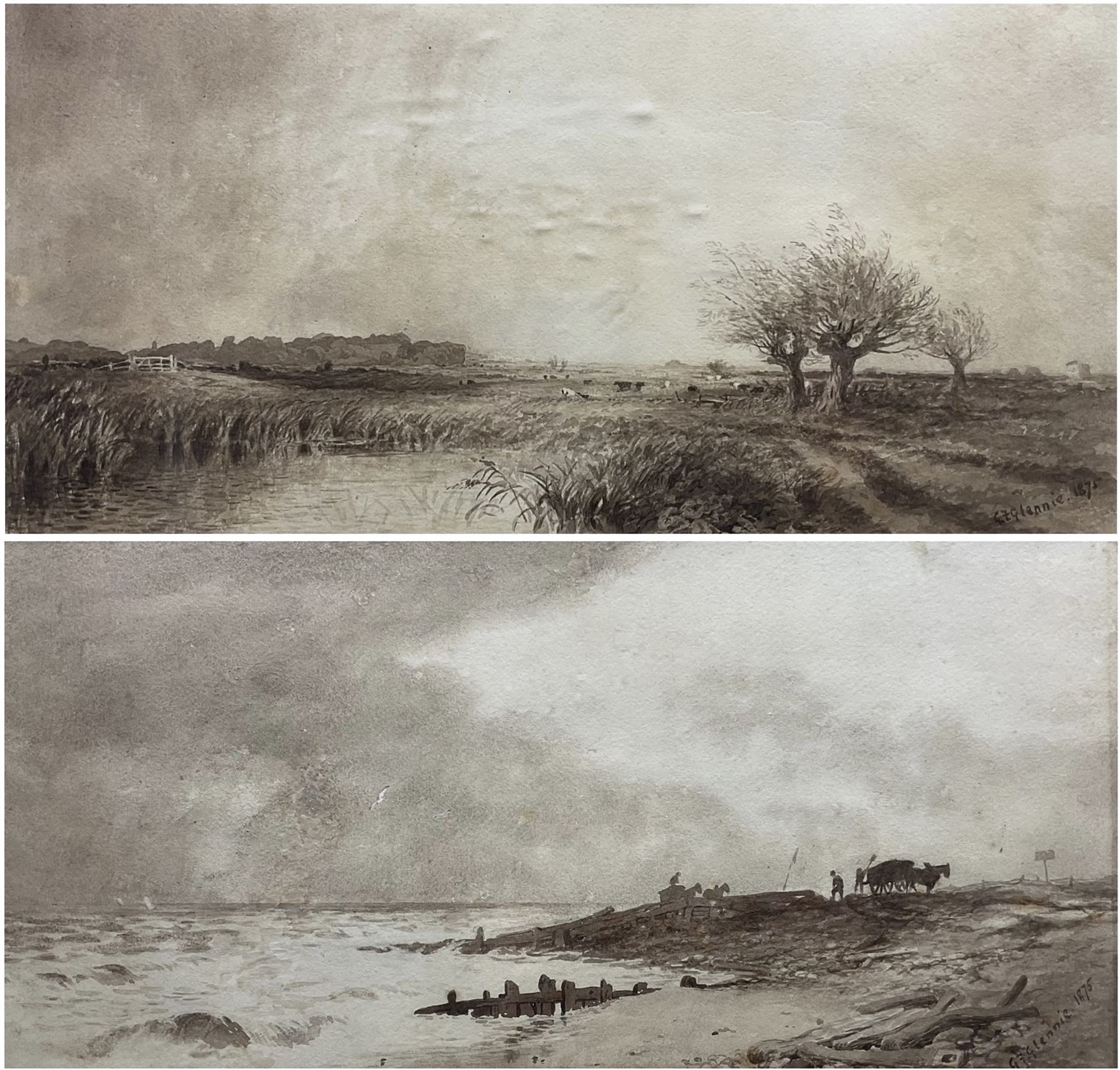 George F. Glennie (British fl.1861-1882): 'Coast Nr. Rye' & 'Pett Level Sussex',  pair monochrome watercolours signed and dated 1875, original title labels verso 24cm x 49cm (2)