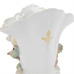 19th century Continental part bisque and glazed porcelain vase, the fan shaped vase hand painted with a floral spray, upon a punt navigated by a female figure, H39.5cm W39cm