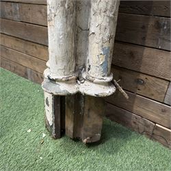 Large 19th century painted pine club shaped column, carved capitals with a cluster of three circular supports, flat back