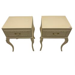 Pair cream and gilt bedside lamp tables, fitted with single drawer