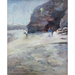 Michelle Saunders (British 1963-): 'The Yellow Kite - Whitby Beach', oil on board signed, titled verso 24cm x 19cm