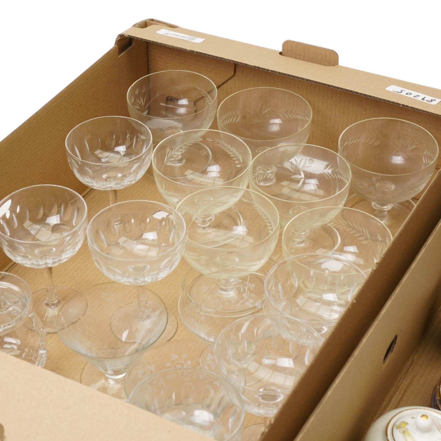 Copeland Spode for Harrods 'Old Bow' cups and saucers, Wedgwood 'Ashford' bone china coffee set and a various collection of glassware, decanter, trifle bowls, tea set, etc. Contents in three boxes 