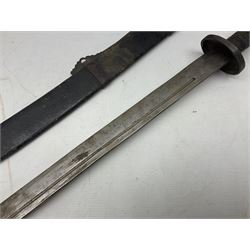 Chinese Boxer Rebellion Period Sword, 69.5cm heavy curved single edge blade with single narrow fuller, plain iron dished circular guard, iron pommel and ferrule with plaited cord bound grip; in skin covered wooden scabbard with iron chape and long suspension mount L95cm overall