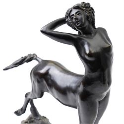 Walter Winans (St Petersburg 1852-1920): The Centauress, bronze model signed and dated 1915 to the naturalistic base, on a rectangular marble plinth, L30.5cm, H42cm

Notes: A finely modelled bronze depicting a rare female centaur, combining classical mythological subject matter with the fluid naturalism characteristic of Winans’ mature work.