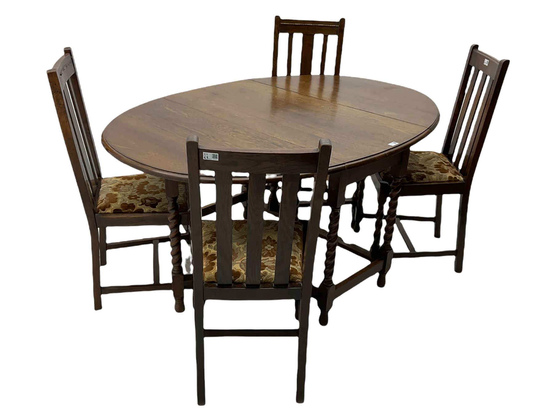 Early 20th century oak barley twist drop leaf dining table (105cm x 154cm, H74cm), and four chairs 