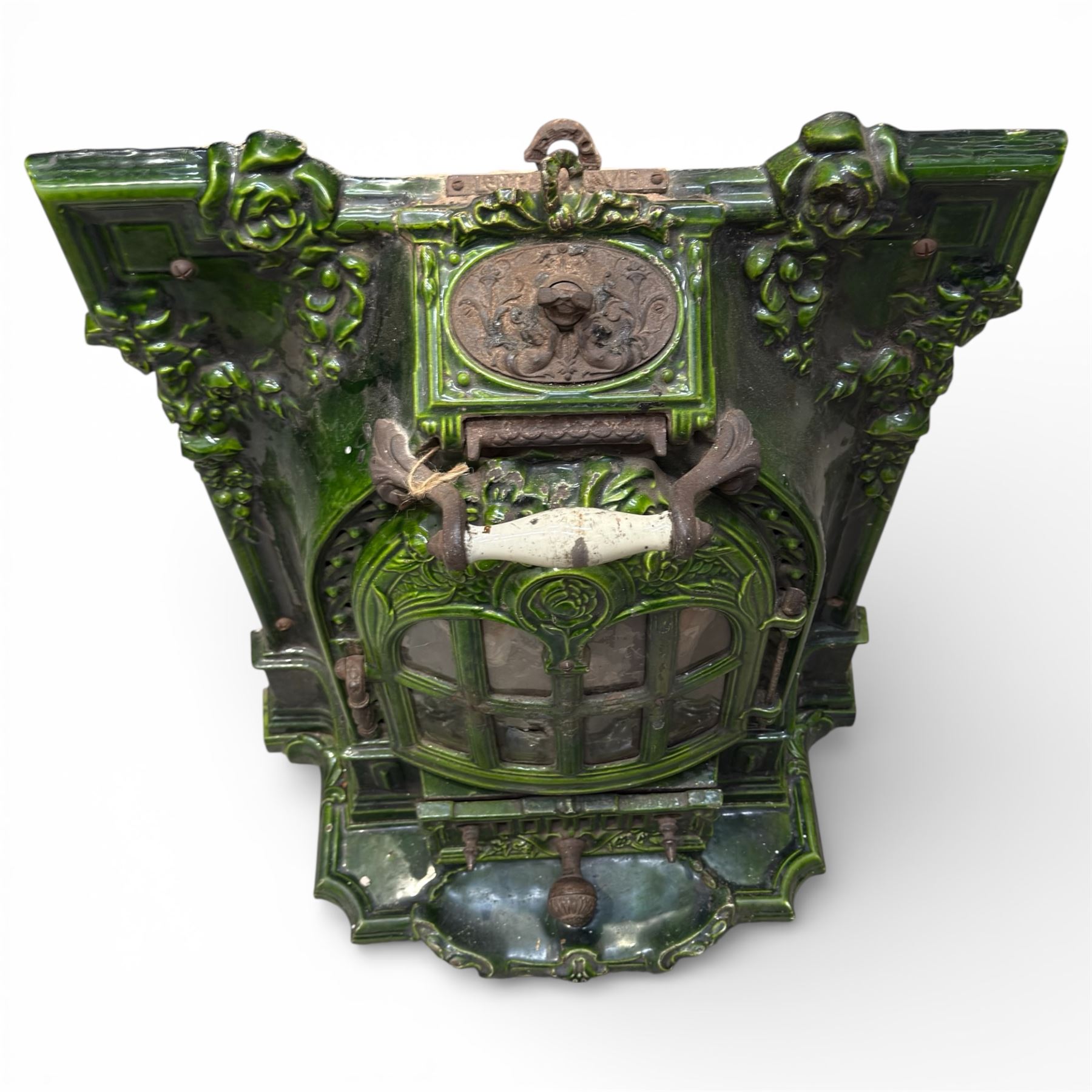 Art Nouveau French green enamelled cast iron stove by Deville & Cie