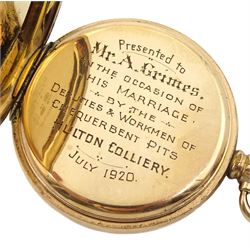 Early 20th century gold-plated full hunter 15 jewels keyless Preston Junior presentation pocket watch by Waltham, made for Preston Ltd, Boton, No. 22323684, white enamel dial with Roman numerals, the case monogrammed A G