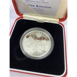 Two United Kingdom 1997 'Golden Wedding Anniversary' silver proof five pound coins and a  2007 'Diamond Wedding' silver proof five pound coin, all cased with certificates, no outer sleeves
