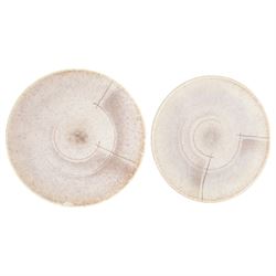 German Art Deco Carstens Uffrecht tea service for four, comprising teapot, coffee pot, milk jug, covered sugar bowl, four teacups and saucers and two small plates, each with pink mottled decoration, two pieces marked to base DEK 256
