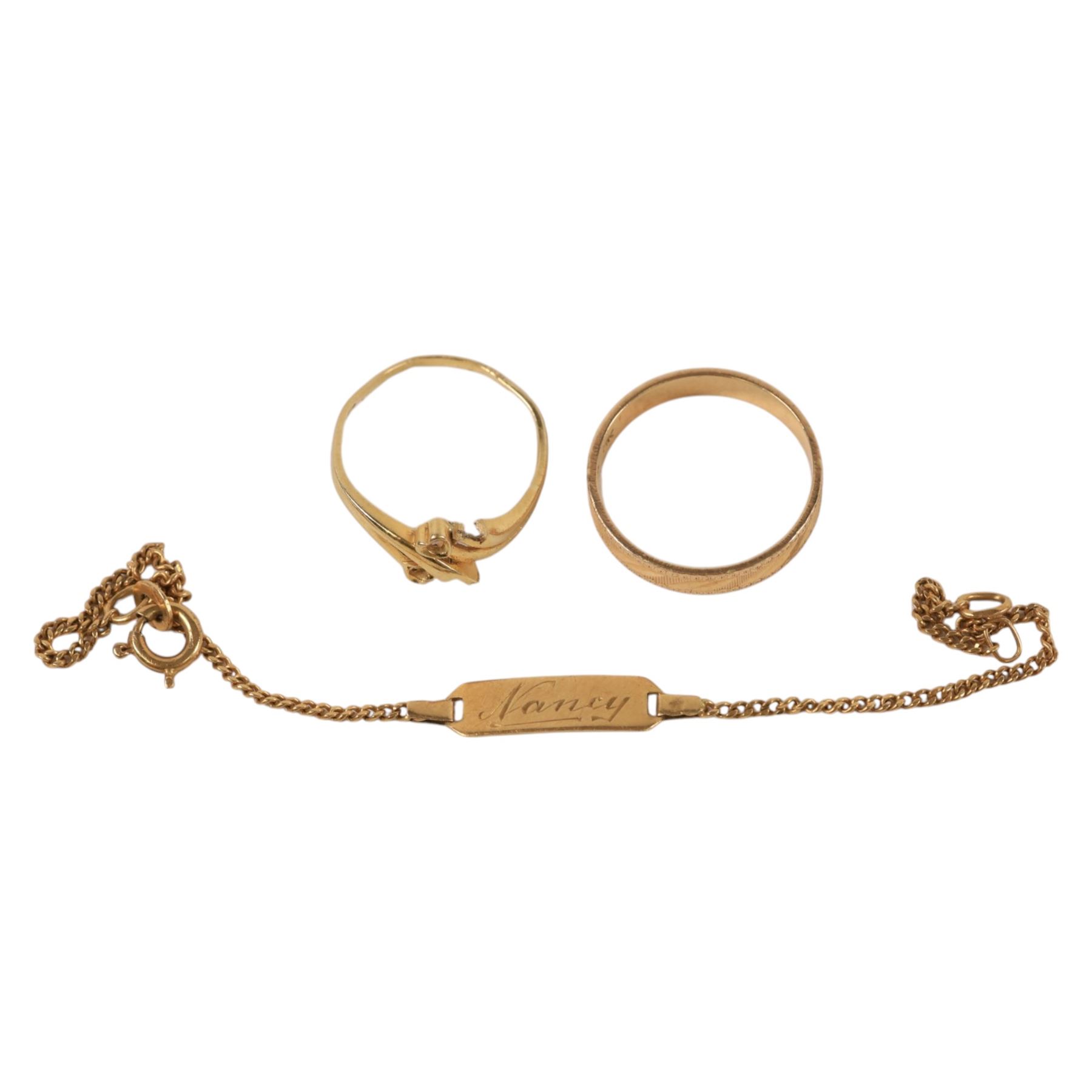 18ct gold identity bracelet and an 18ct gold ring, both stamped 750, together with a 14ct gold wedding band, stamped 585