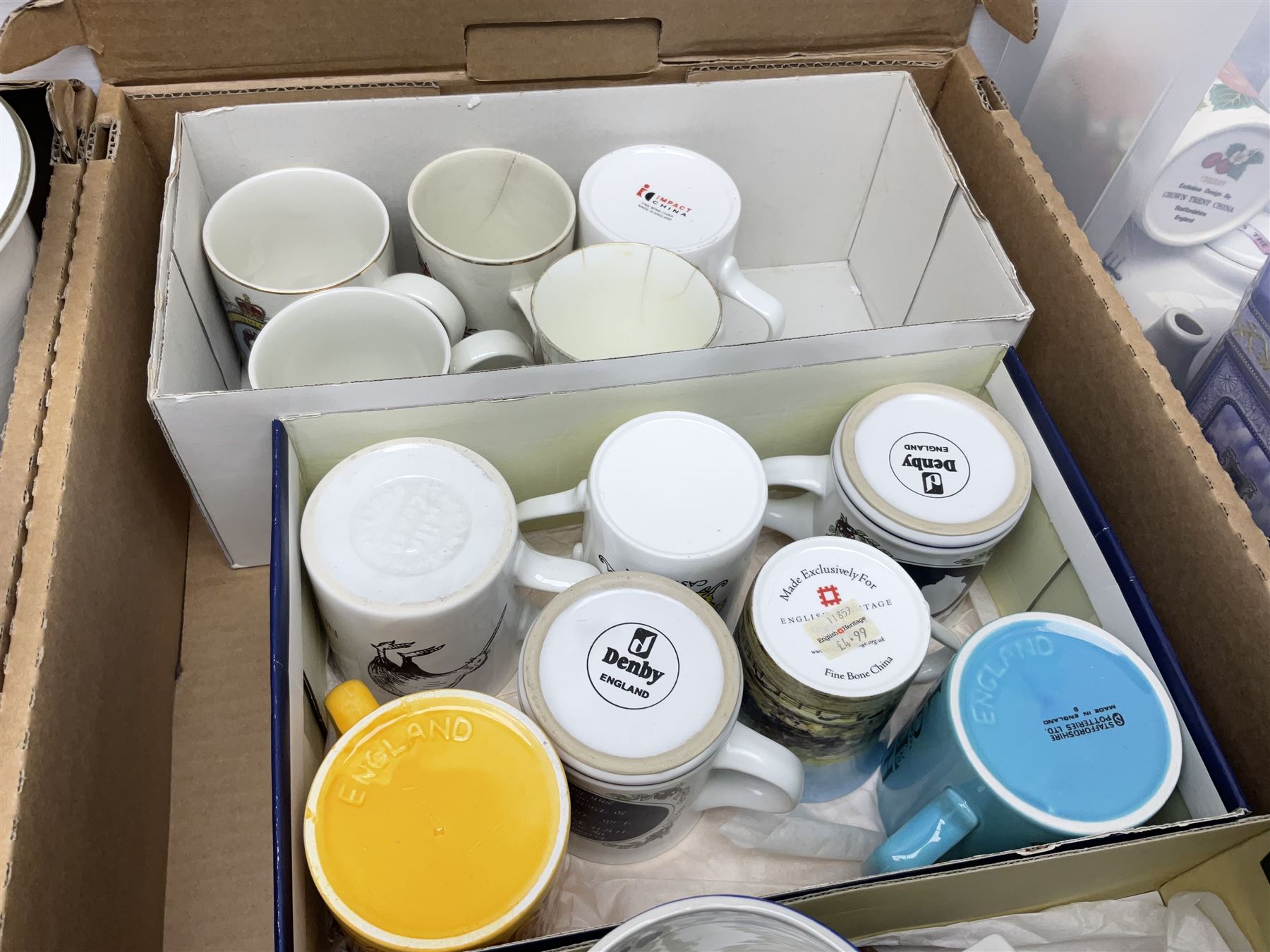 Large collection of ceramics to include God Speed the Plough loving cup, Denby, Coalport, Portmeirion, quantity of mugs etc in four boxes