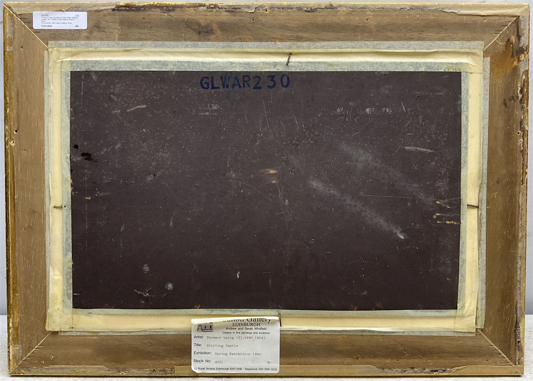 Tomson Laing (Scottish fl.1890-1904): Stirling Castle, oil on artist's board signed 25cm x 39cm
Provenance: with Calton Gallery, Roal Terrace, Edinburgh Spring Exhibition 1994, label verso