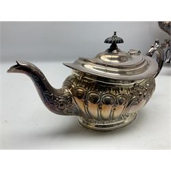 Early 20th century silver plate five piece tea and coffee service comprising teapot, coffee pot, sugar bowl, cream jug and spirit kettle, each of baluster form with double-C scroll handle and scroll and foliate detail, the coffee pot H20cm