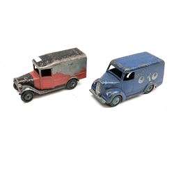 Dinky - six unboxed and playworn early die-cast commercial vehicles including French made Studebaker M16 covered wagon, Trojan Oxo van, B.E.V. Truck, Dodge Tipper, Royal Mail Van etc (6)