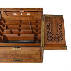 19th century burr walnut correspondence box, the sloped front opening to reveal a fitted interior with perpetual calendar, letter racks, and pen tray between two inkwell recesses, above a pull out draw with recessed brass handle, H41cm L40.5cm D28.5cm