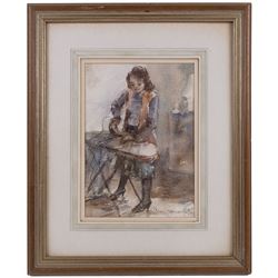 John Greensmith (British 1932-): Girl Ironing, watercolour and ink signed 24.5cm x 17cm 