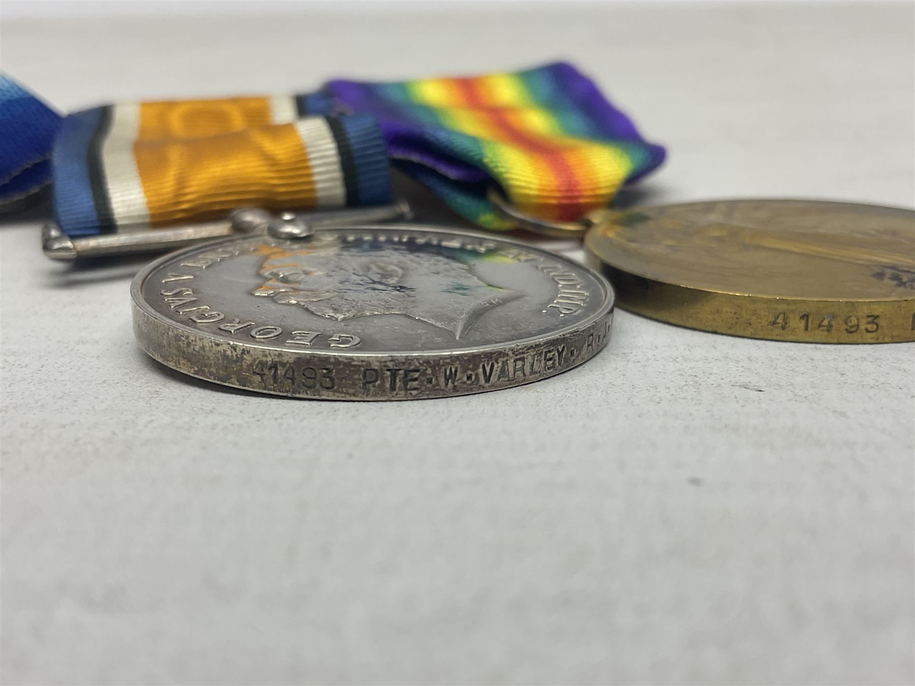 WW1 group of three medals comprising British War Medal, 1914-15 Star and Victory Medal awarded to 41493 Pte. W. Varley R.A.M.C.; all with ribbons
