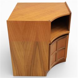 Nathan - concave corner cabinet, each of quarter round form with square top to fit against a wall, with open display compartment above a signature square panelled cupboard door, raised on a recessed plinth base