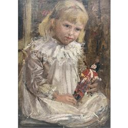 English School (Early 20th century): Young Girl holding a Doll, oil on canvas 37cm x 24cm