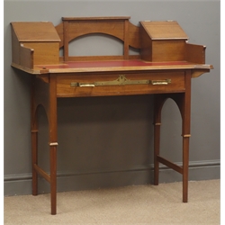  Arts & Crafts mahogany writing desk, raised shaped pierced back flanked by two hinged trinket boxes with fitted interiors, leather insert top, single drawer, tapering stile supports joined by stretchers, W100cm, H101cm, D54cm  