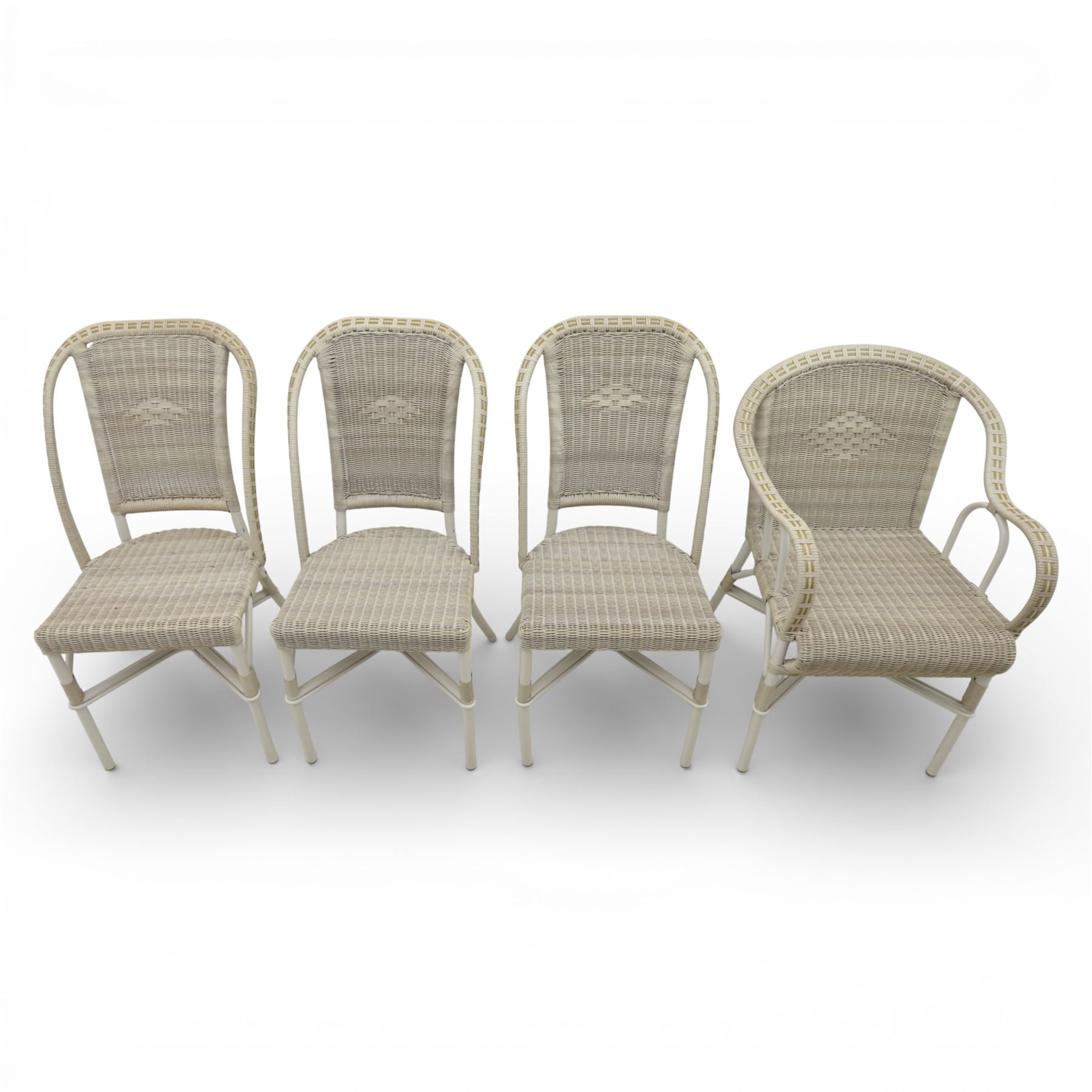 Kok Maison - 20th century French wicker chairs, set of eight including two carvers, with arched woven backs and seats in close cane weave, the frames painted cream, the arms with wrapped wicker detail, raised on turned supports united by cross shaped stretchers