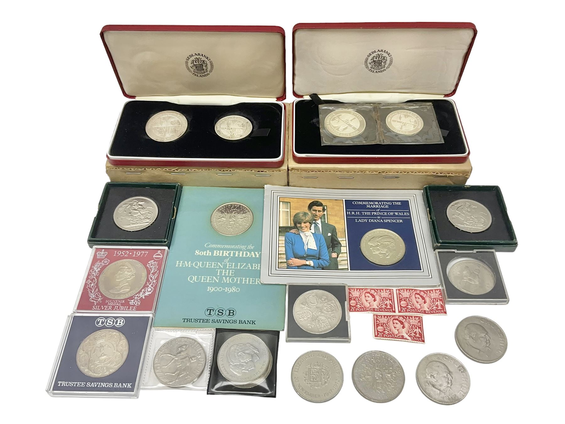 Coins including two King George VI 1951 Festival of Britain crowns each in green case, various other commemorative crowns, two Iceland '874-1974' two coin sets both in original red cases etc