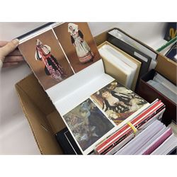 Large collection of postcards and greetings cards, all housed in albums, together with first day covers, other stamps and viewmaster slides etc, in five boxes 
