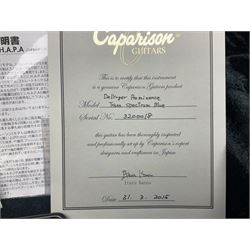 2015 Japanese Caparison Dellinger Prominence hand made boutique rock guitar in spectrum blue with clock inlays and Scaller tremolo; serial no.3200018; L100cm; in fitted case with certificate, registration card, tools etc