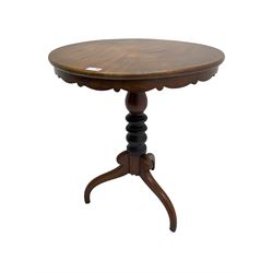 19th century mahogany tripod table, the circular tilt top with shaped skirt, on turned column with three splayed supports