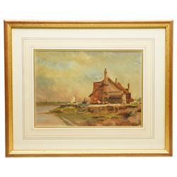 J K Wilson (British Early 20th century): The Boathouse, oil on board signed and dated 1925, 24cm x 34cm
