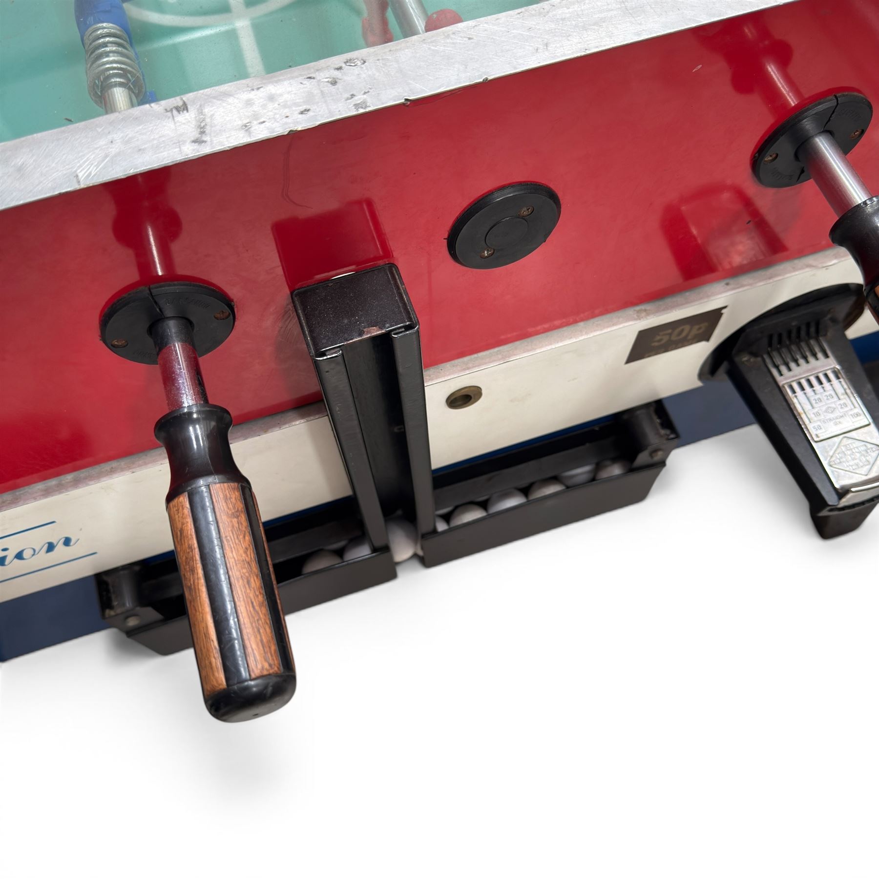 Garlando - vintage coin operated table football, tempered glass top, in red blue and white painted finish with 'Competition'  stencils, complete with ashtrays and score-trackers