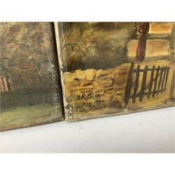 J M Oldroyd (British 19th century): Church with Figure, oil on canvas signed and dated 1894; Michael Langdale (British 20th century): 'Morvah Church', oil on canvas signed and dated '92 together with another 19th century oil of a similar subject and three further pictures of churches max 28cm x 38cm (6)