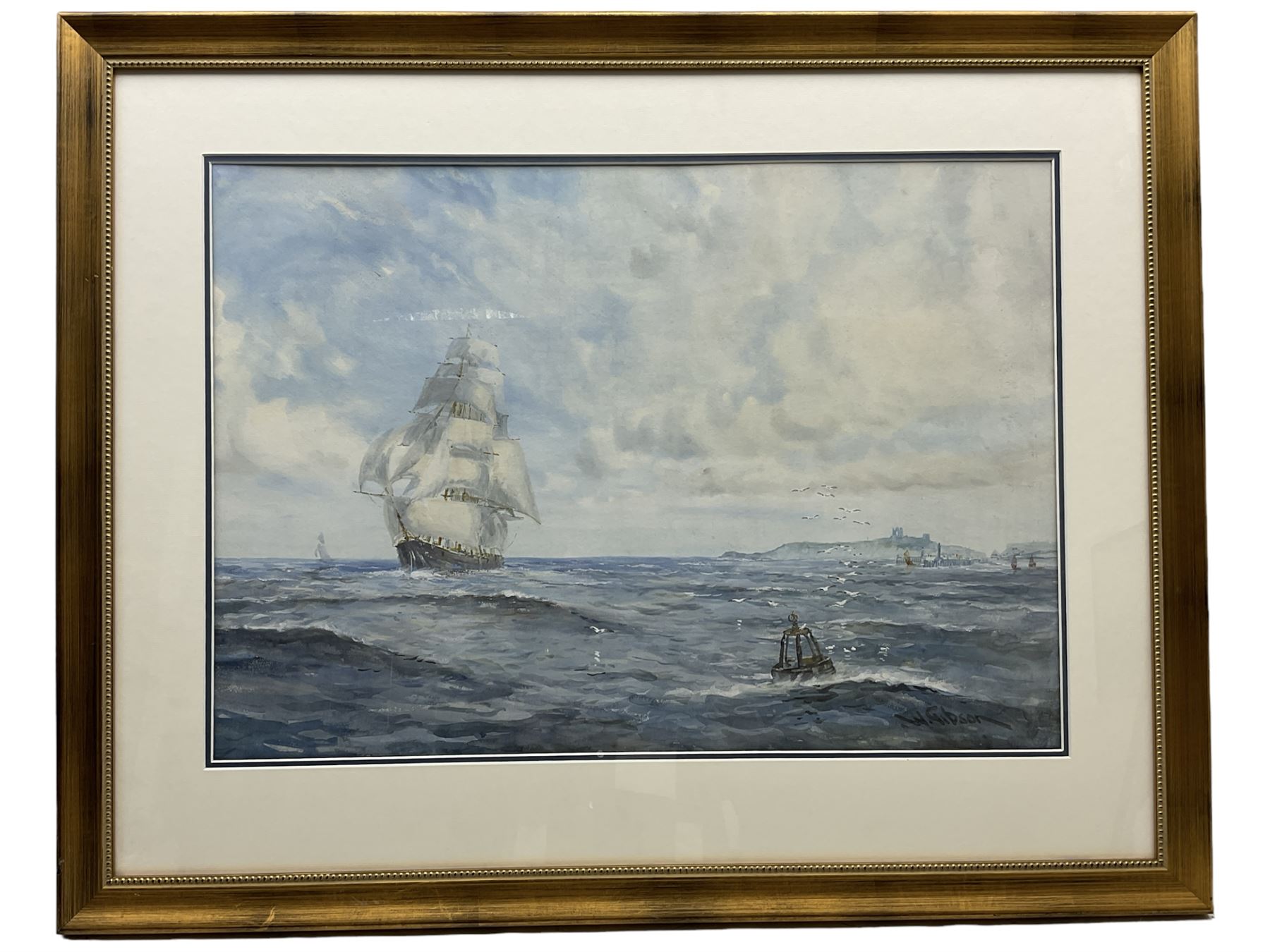 W Gibson (British early 20th century): Barque in Full Sail off Whitby, watercolour signed 46cm x 65cm