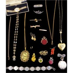 Victorian and later jewellery including gold bloodstone swivel fob, three gold brooches, pair of earrings, all 9ct, silver lion stone set swivel fob, 9ct gold ladies wristwatch, on gilt strap, silver coin bracelet, silver agate dove brooch, silver fob watch and other gilt jewellery