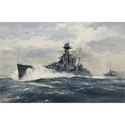 Roger H Middlebrook (British 1929 -): 'HMS Hood in Heavy Seas in the Atlantic', oil on board signed, titled verso 49cm x 74cm 