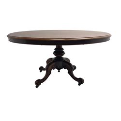 Victorian mahogany oval loo table, moulded edge with banded frieze, raised on baluster turned pedestal with quadrupod base, cabriole supports with scroll feet and castors