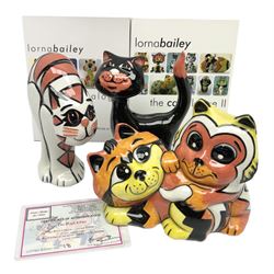Three Lorna Bailey cat figures, comprising The Playful Pair, limited edition 18/75, Precious and Oggy, all signed beneath, together with two signed The Cat-alogue books edited by Dave Lee, tallest H14cm