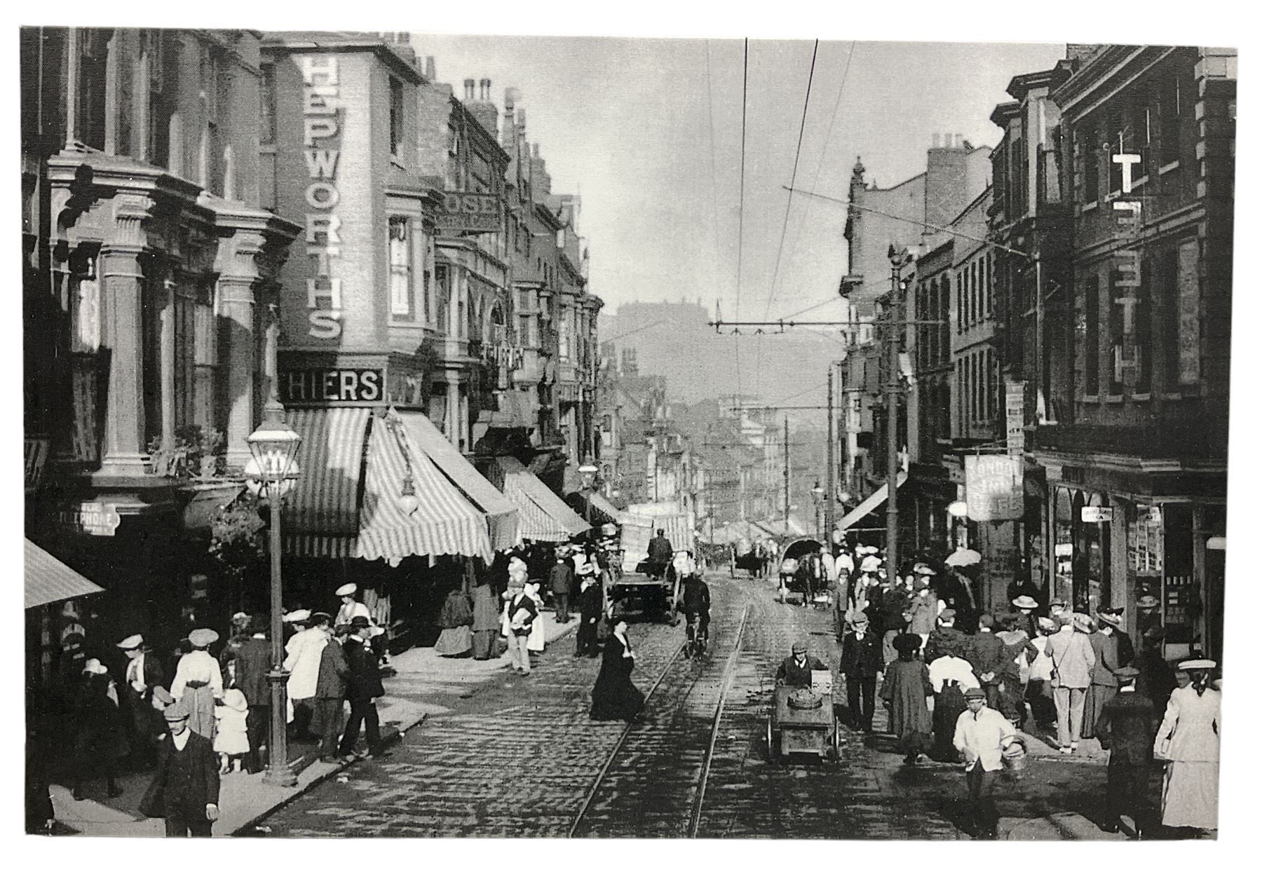 Set five black and white Victorian and later photograph prints of Scarborough on canvas together with a colour photo print of an aerial view of Scarborough max 66cm x 96cm (6)