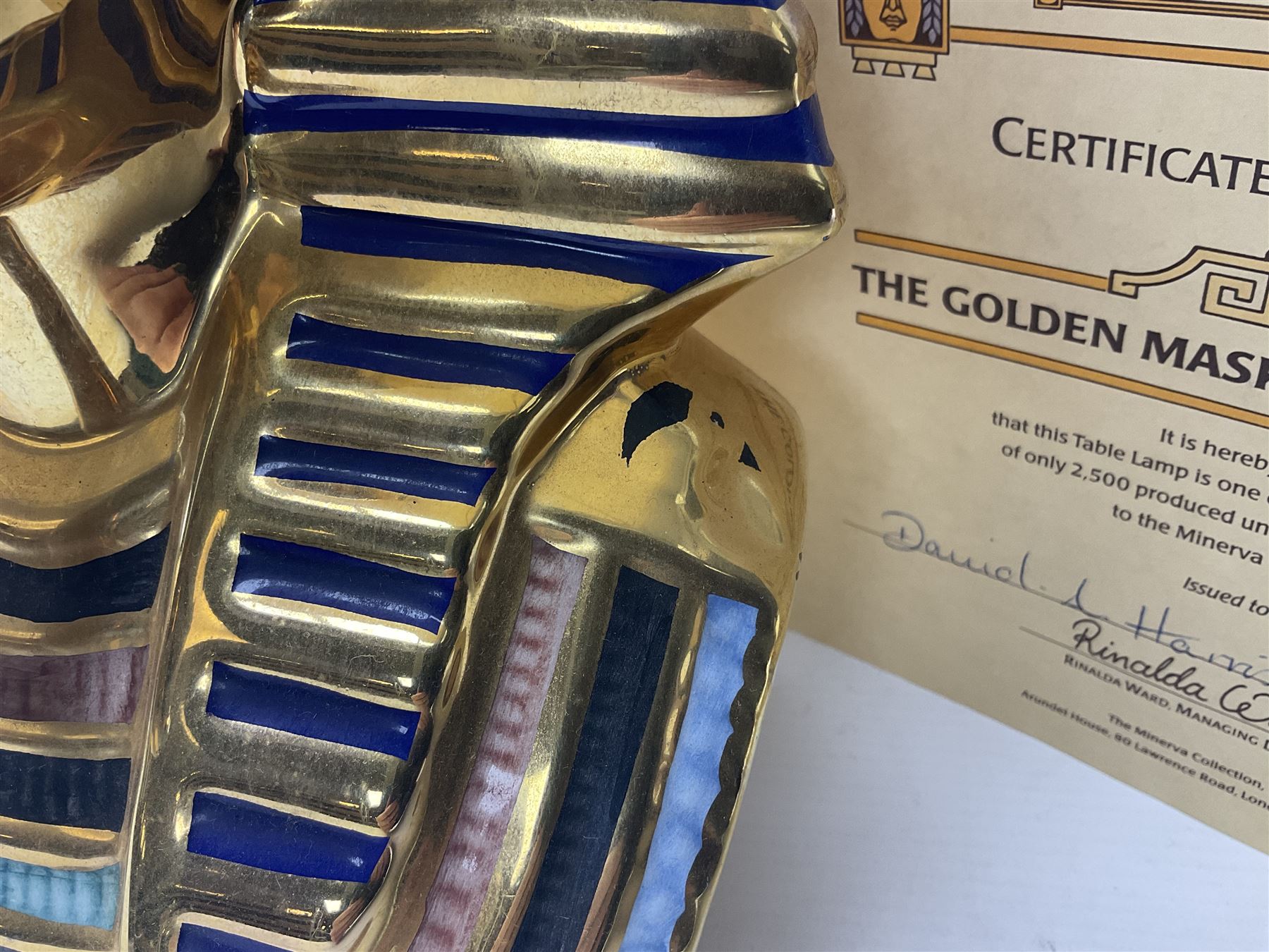 Minerva Collection The Golden Mask of Tutankhamun limited edition lamp: with certificate and shade, H46cm