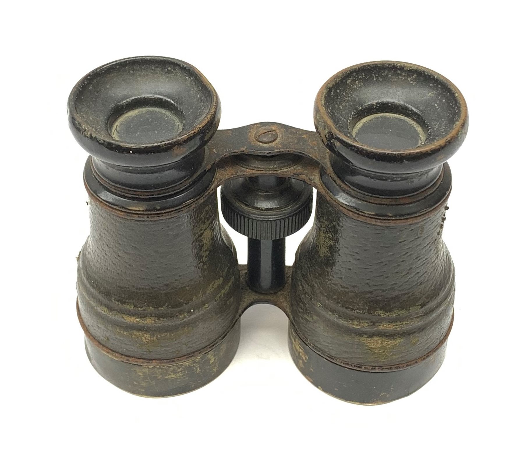 Caricature wooden carving of two WW2 British officers, inscribed under the base 'Venice March 1946' H13cm; and unmarked pair of binoculars (2)